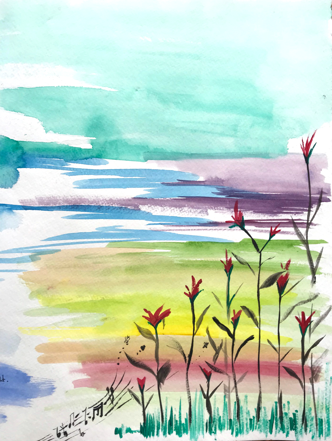 watercolour of reeds at the water's edge