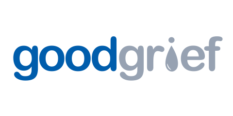 logo for goodgrief app, which says good in blue and grief in grey. The eye is upside down.