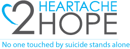 heartache2hope logo with blue and grey writing that says "heartache2hope" and "no one touched by suicide stands alone".