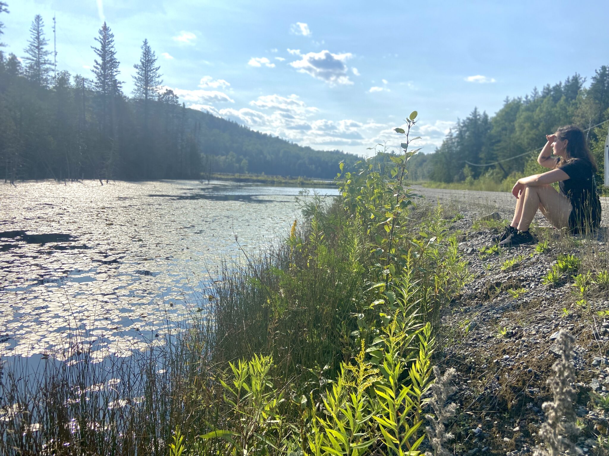 a woman sits on the side of a gravel road along a lake filled with lillypads, gazing out over the water.