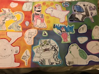 a collage of characters, drawn by a child.