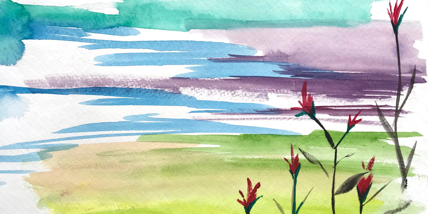 watercolour of reeds at the water's edge