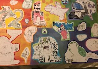 a collage of characters, drawn by a child.